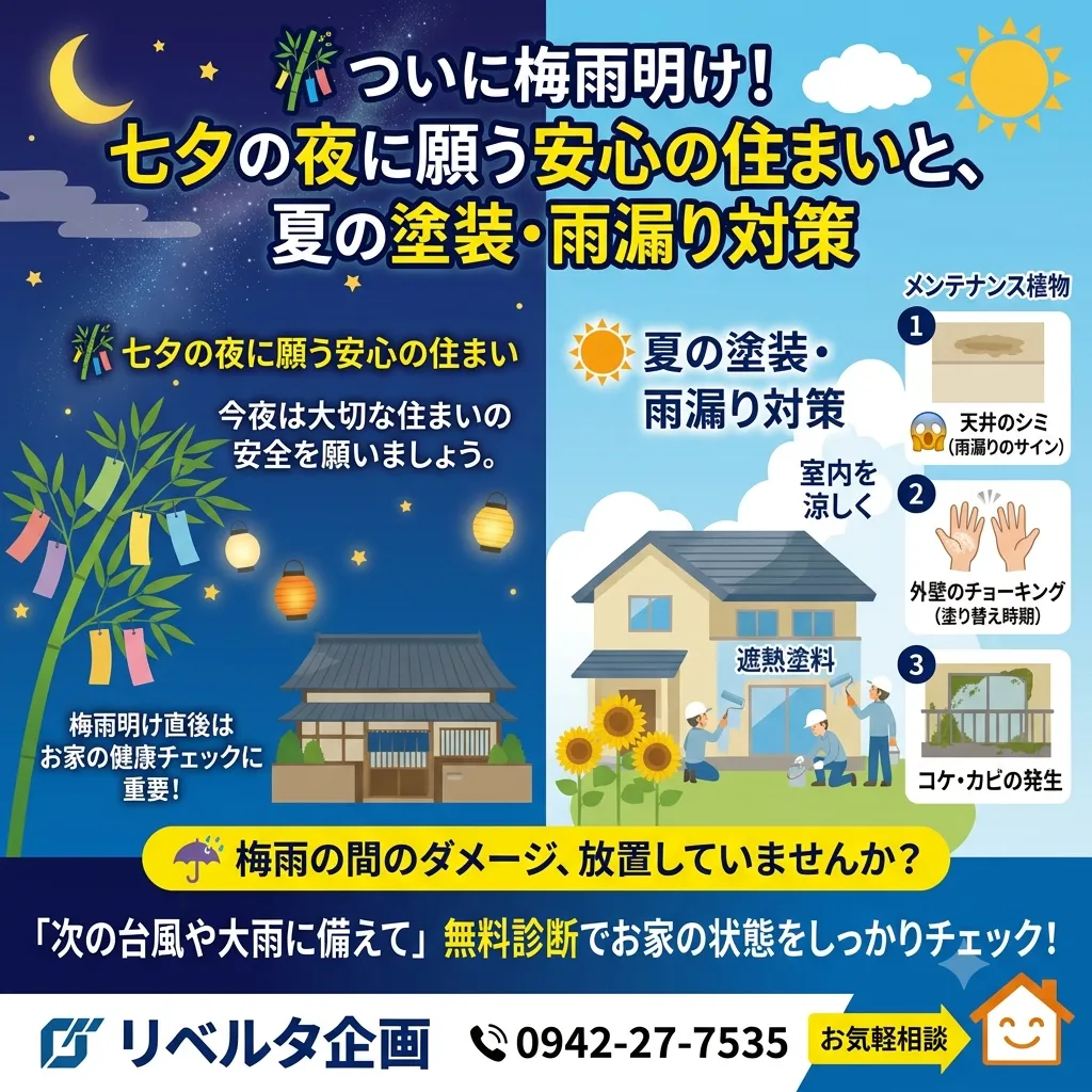 ついに梅雨明け!七夕の夜に願う安心の住まいと、夏の塗装・雨漏り対策